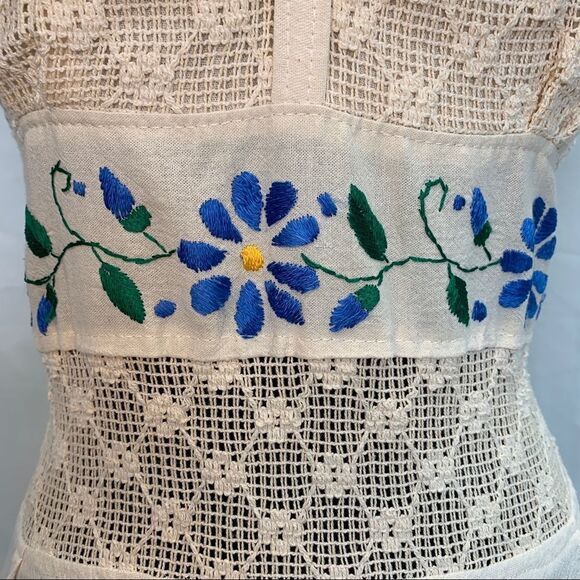 Vintage ‘70s Embroidered Gauze Pixie Hem Floral Crochet Halter Mexican Dress - Picture 4 of 14